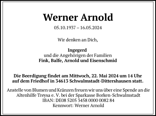 Todesanzeige von Werner Arnold von HNA