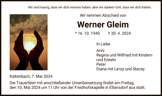 Todesanzeige von Werner Gleim von HNA