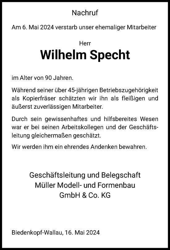 Todesanzeige von Wilhelm Specht von HNA