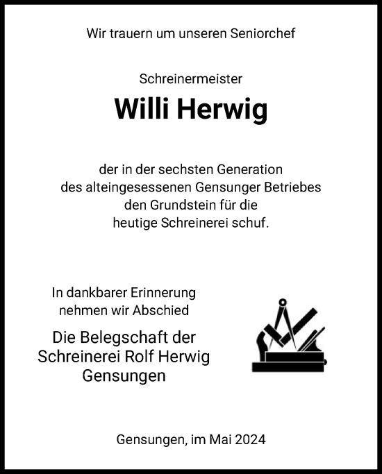 Todesanzeige von Willi Herwig von HNA