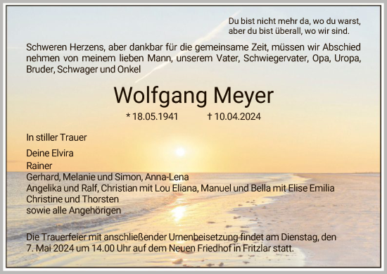 Todesanzeige von Wolfgang Meyer von HNA