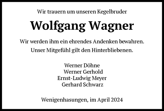 Todesanzeige von Wolfgang Wagner von HNA