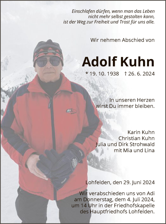 Todesanzeige von Adolf Kuhn von HNA
