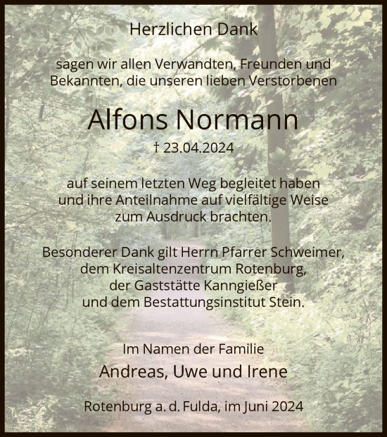 Todesanzeige von Alfons Normann von HNAHNA