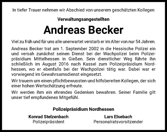 Todesanzeige von Andreas Becker von HNA