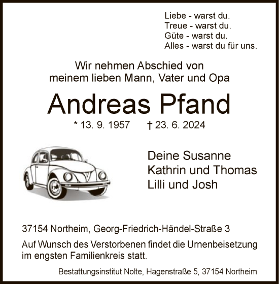 Todesanzeige von Andreas Pfand von HNA