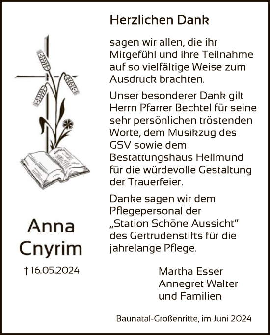 Todesanzeige von Anna Cnyrim von HNA