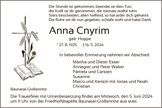 Todesanzeige von Anna Cnyrim von HNA