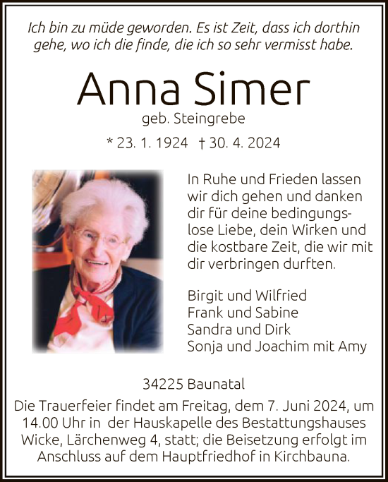 Todesanzeige von Anna Simer von HNA