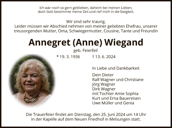 Todesanzeige von Annegret Wiegand von HNA