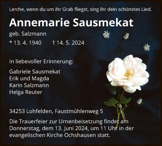 Todesanzeige von Annemarie Sausmekat von HNA