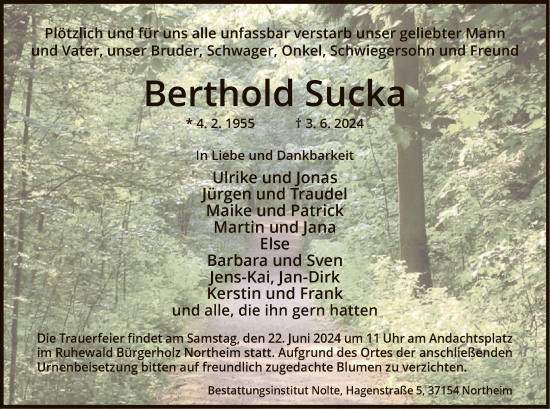 Todesanzeige von Berthold Suck von HNA