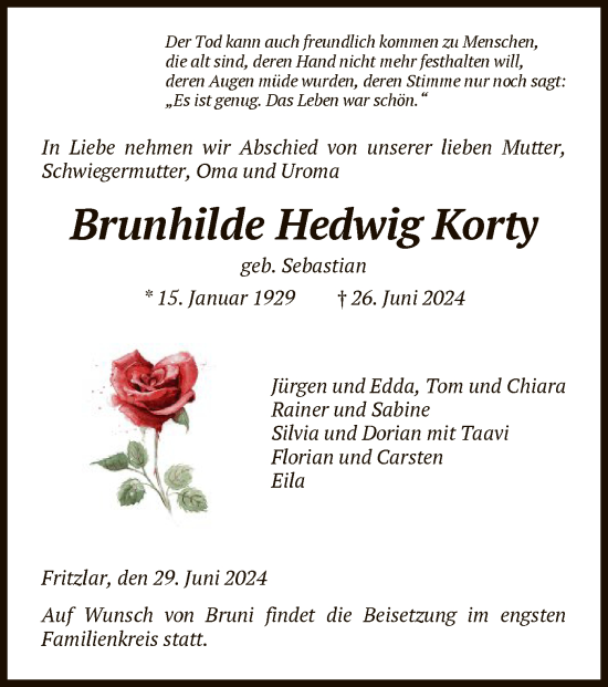 Todesanzeige von Brunhilde Hedwig Korty von HNA