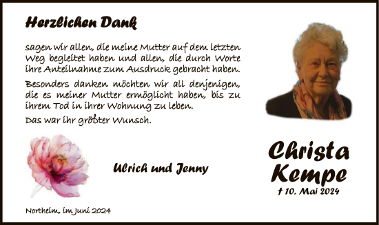 Todesanzeige von Christa Kempe von HNA