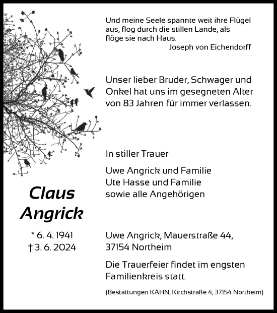 Todesanzeige von Claus Angrick von HNA
