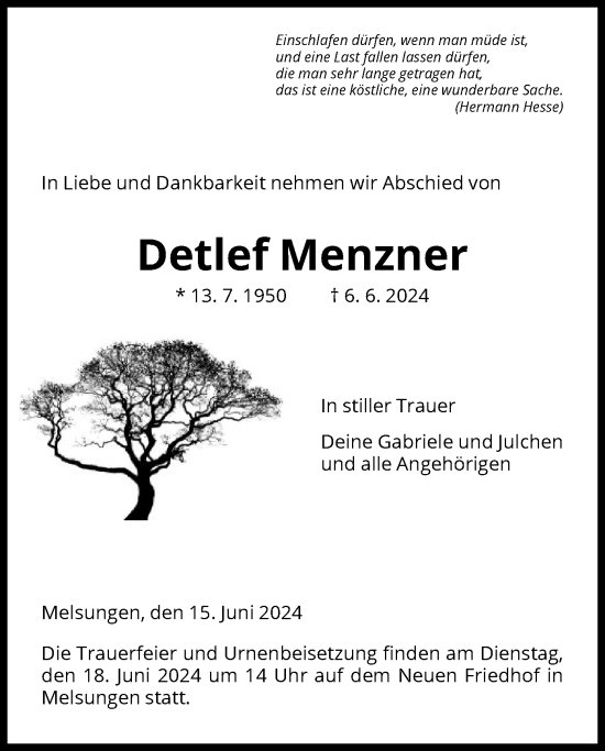 Todesanzeige von Detlef Menzner von HNA