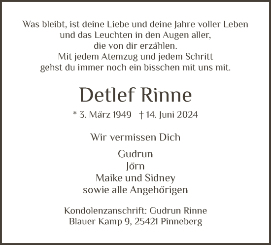 Todesanzeige von Detlef Rinne von HNA