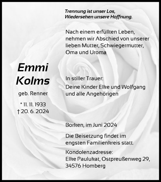 Todesanzeige von Emmi Kolms von HNA