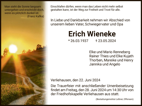Todesanzeige von Erich Wieneke von HNA