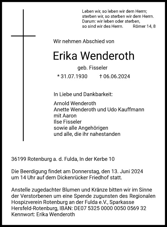 Todesanzeige von Erika Wenderoth von HNA