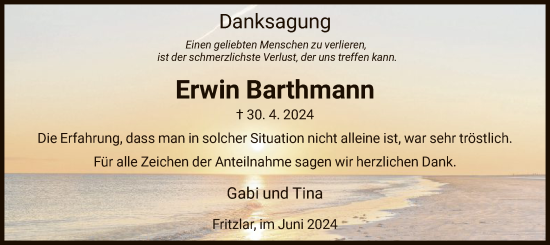 Todesanzeige von Erwin Barthmann von HNA