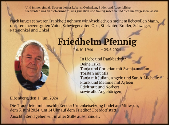 Todesanzeige von Friedhelm Pfennig von HNAHNA