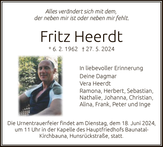 Todesanzeige von Fritz Heerdt von HNA