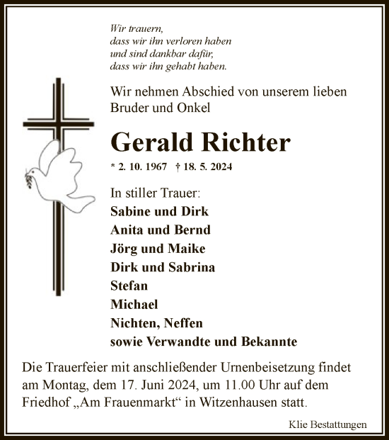 Todesanzeige von Gerald Richter von HNA