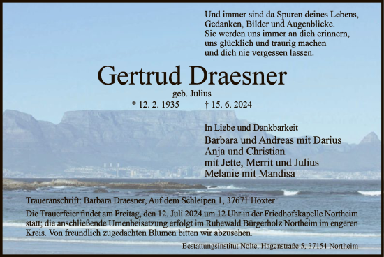 Todesanzeige von Gertrud Draesner von HNA