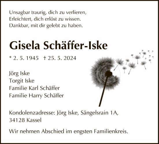 Todesanzeige von Gisela Schäffer-Iske von HNA