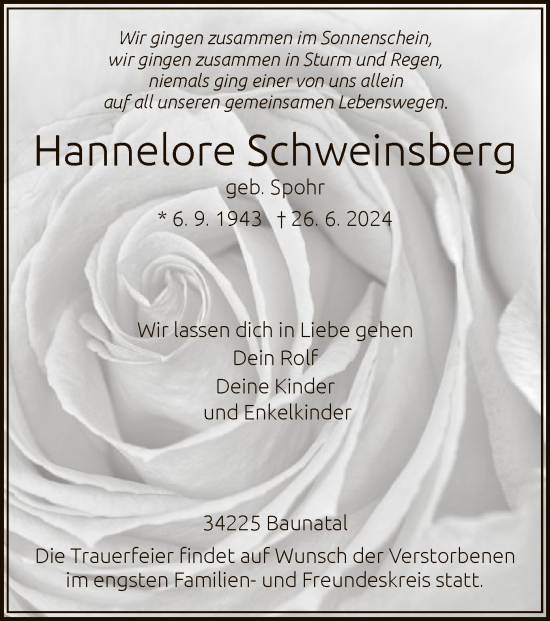 Todesanzeige von Hannelore Schweinsberg von HNA