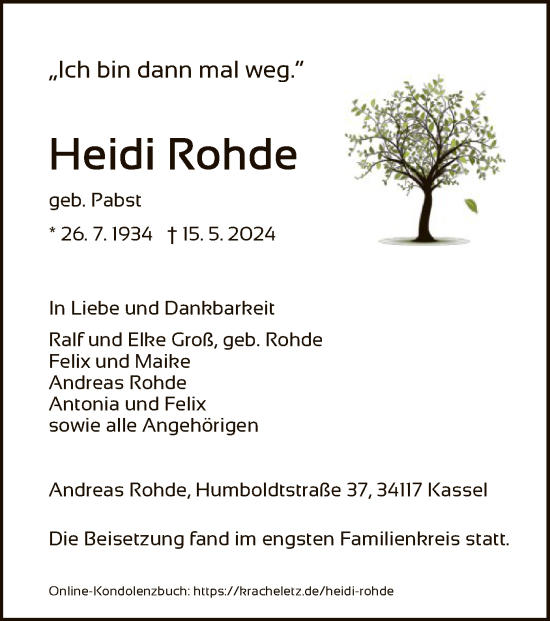 Todesanzeige von Heidi Rohde von HNA