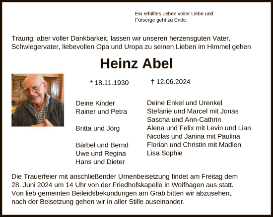 Todesanzeige von Heinz Abel von HNA