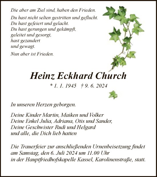 Todesanzeige von Heinz Eckhard Church von HNA