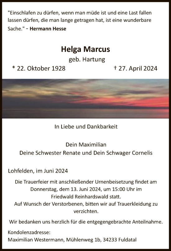 Todesanzeige von Helga Marcus von HNA