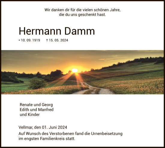 Todesanzeige von Hermann Damm von HNA