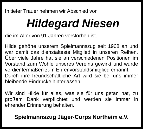 Todesanzeige von Hildegard Niesen von HNA