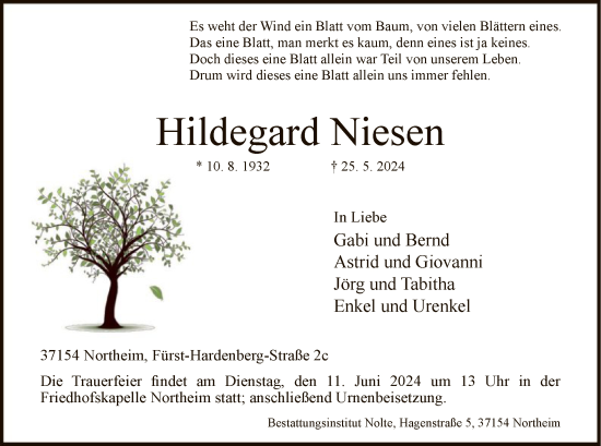 Todesanzeige von Hildegard Niesen von HNA