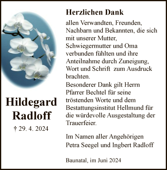 Todesanzeige von Hildegard Radloff von HNAHNA