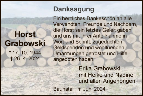 Todesanzeige von Horst Grabowski von HNA