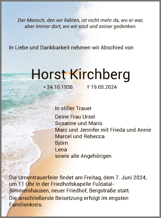 Todesanzeige von Horst Kirchberg von HNA