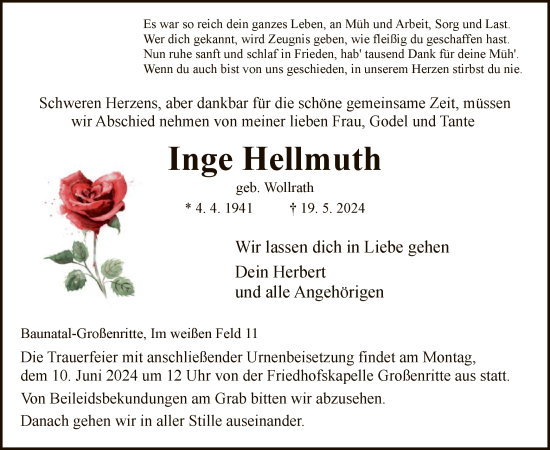 Todesanzeige von Inge Hellmuth von HNA