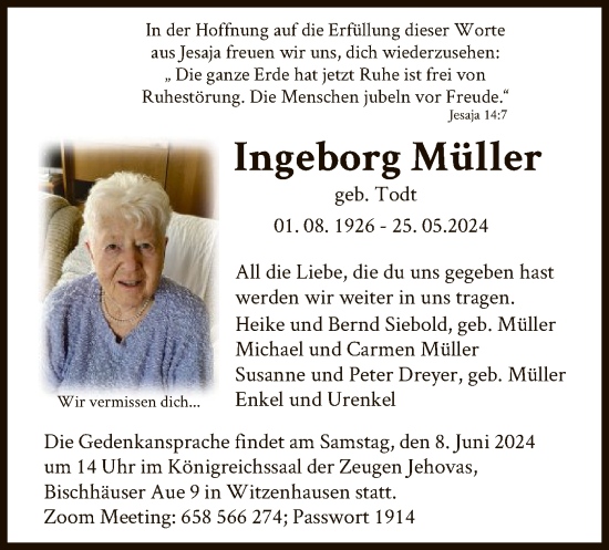 Todesanzeige von Ingeborg Müller von HNA