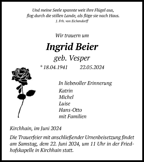 Todesanzeige von Ingrid Beier von HNA
