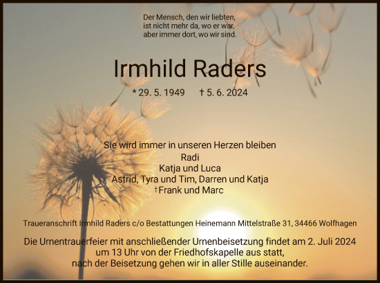 Todesanzeige von Irmhild Raders von HNA