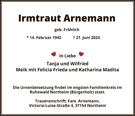 Todesanzeige von Irmtraut Arnemann von HNA