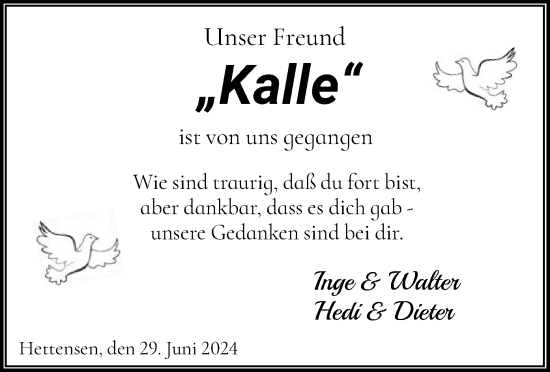 Todesanzeige von Kalle  von HNA
