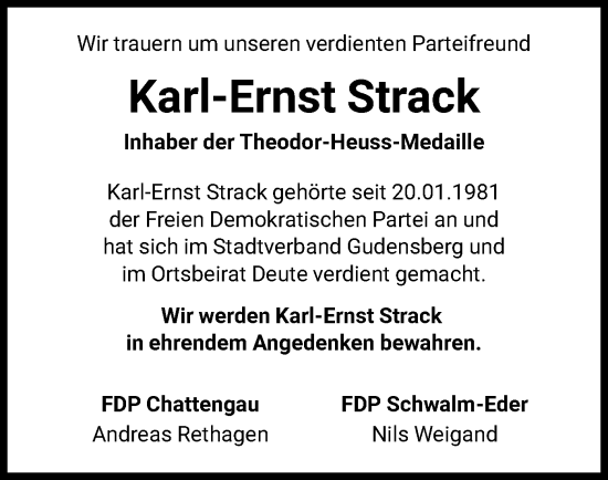 Todesanzeige von Karl-Ernst Strack von HNA
