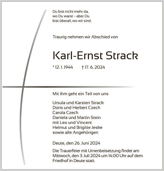 Todesanzeige von Karl-Ernst Strack von HNAHNA