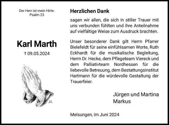 Todesanzeige von Karl Marth von HNA
